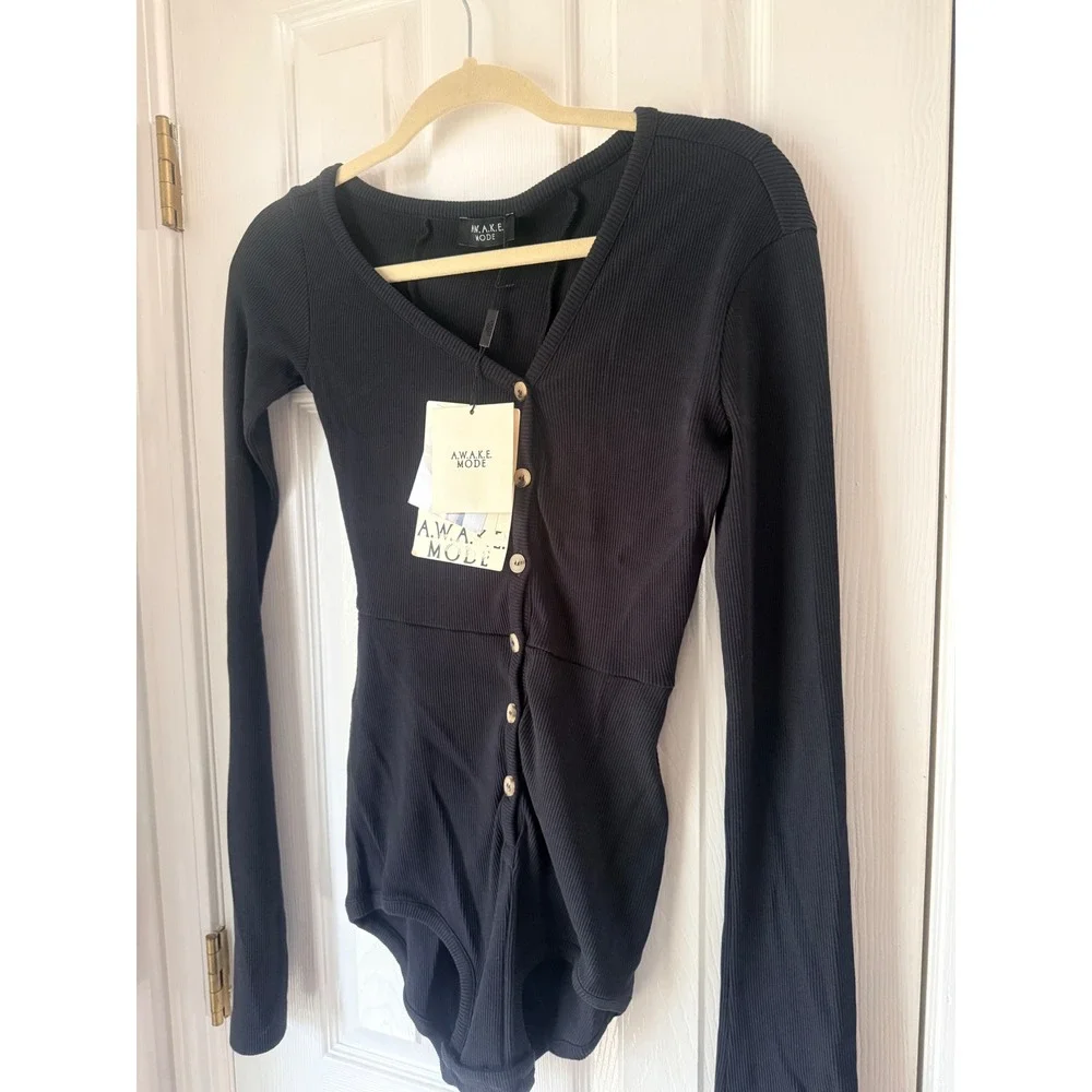A.W.A.K.E. MODE Asymmetric Neck Playsuit Black Ribbed‎ Cotton Bell Sleeve MEDIUM